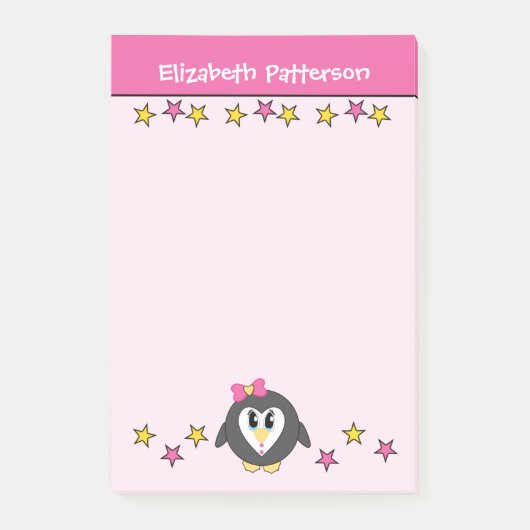 Cute pinguïn sterren naam kinderen roze geel post-it® notes (Voorkant)