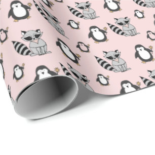 Cute Pinguïn Wasbeer Vriendjes Baby Cadeau Roze Cadeaupapier