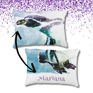 Cute Pinguïn Zwart en Wit Aquarel Naam Accent Kussen