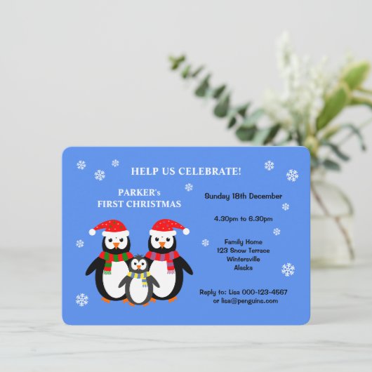 Cute pinguins eerste kerstfeest uitnodiging (Staand voorkant)