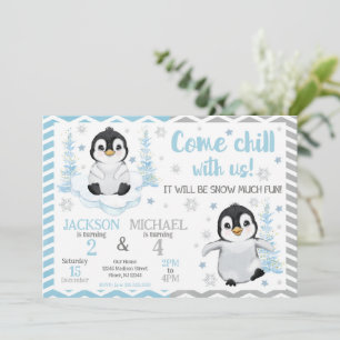 Cute Pinguïns Gezamenlijke Verjaardag in de Winter Kaart
