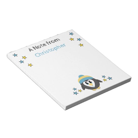 Cute pinguinsterren en noem blauwe kinderen notitieblok (Schuin)