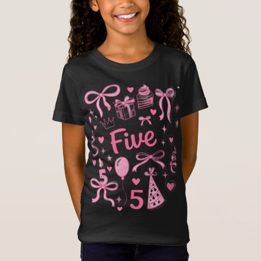 Cute Pink 5th Birthday Girl Shirt Five Bow Party D (Voorkant)
