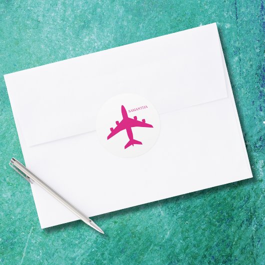 Cute Pink Airplane Girl Pilot Personalized  Ronde Sticker