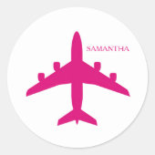 Cute Pink Airplane Girl Pilot Personalized  Ronde Sticker (Voorkant)
