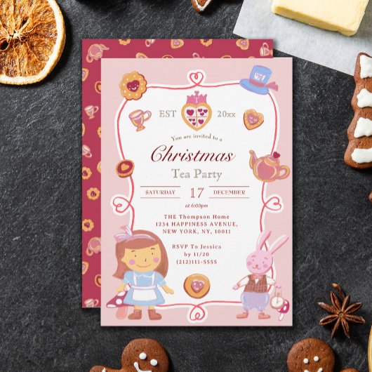 Cute Pink Alice in Wonderland Christmas Tea Party Kaart