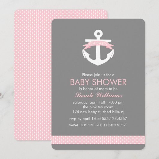 Cute Pink Anchor Nautical Girl Baby shower Kaart (Voorkant / Achterkant)