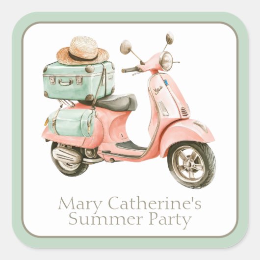 Cute Pink and Aqua Coastal Scooter Vierkante Sticker (Voorkant)