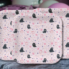Cute Pink and Black Sweet Spooky Ghost Halloween Papieren Bordje