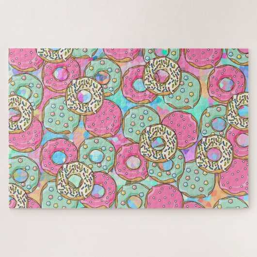 Cute Pink and Blauwgroen Donuts Art Legpuzzel (Horizontaal)