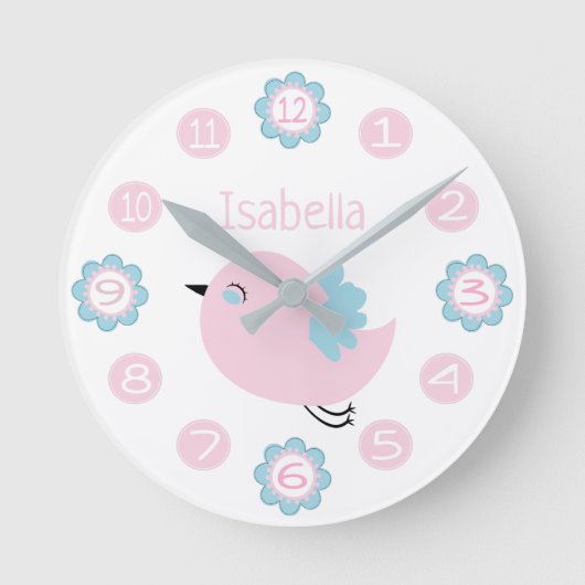 Cute Pink and Blue Flower and Bird Custom Ronde Klok (Voorkant)