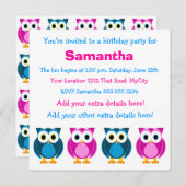Cute Pink and Blue Owl Birthday Invitation Kaart (Voorkant / Achterkant)