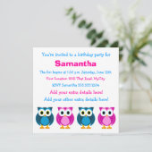 Cute Pink and Blue Owl Birthday Invitation Kaart (Staand voorkant)