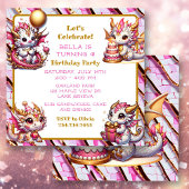 Cute Pink and Gold Dragon Girl's Birthday Party Kaart