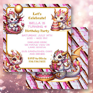 Cute Pink and Gold Dragon Girl's Birthday Party Kaart