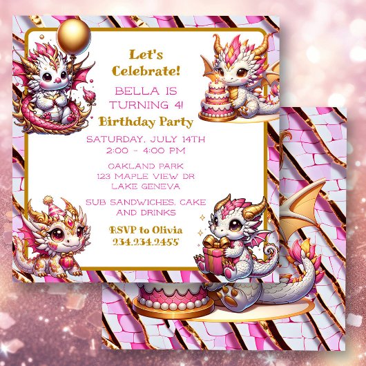 Cute Pink and Gold Dragon Girl's Birthday Party Kaart