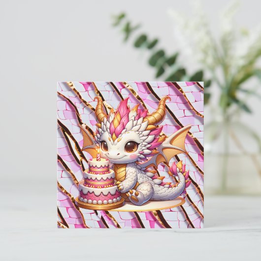 Cute Pink and Gold Dragon Girl's Birthday Party Kaart (Staand voorkant)