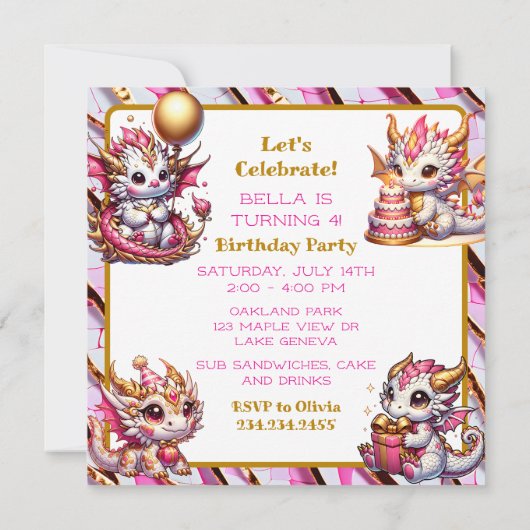 Cute Pink and Gold Dragon Girl's Birthday Party Kaart (Achterkant)
