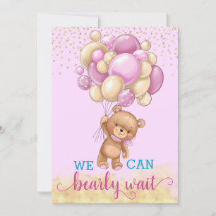 Cute Pink and Gold Teddy Bear Balloons Baby shower Kaart