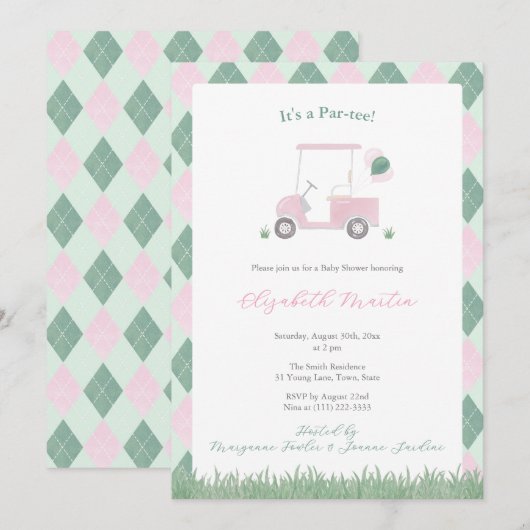 Cute Pink And Green Golf Theme Baby Girl Shower Kaart (Voorkant / Achterkant)