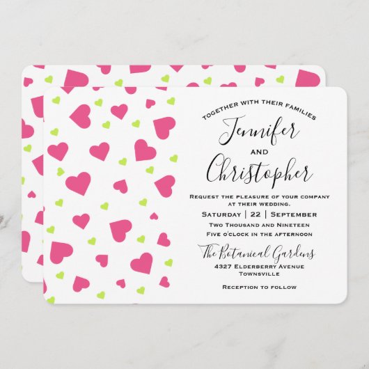 Cute Pink and Green Hearts Pattern Wedding Kaart (Voorkant / Achterkant)