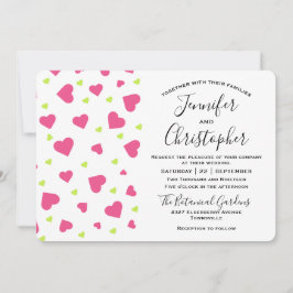 Cute Pink and Green Hearts Pattern Wedding Kaart