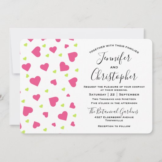 Cute Pink and Green Hearts Pattern Wedding Kaart (Voorkant)