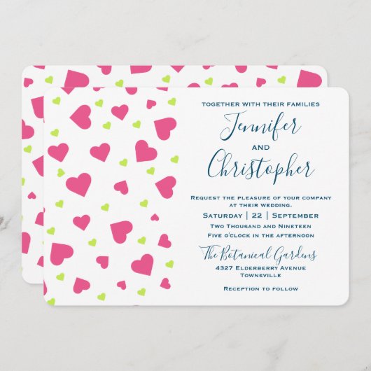 Cute Pink and Green Hearts Pattern Wedding Kaart (Voorkant / Achterkant)