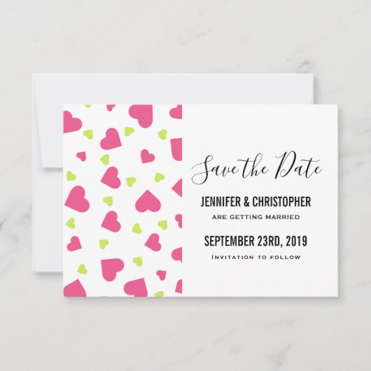 Cute Pink and Green Hearts Pattern Wedding Save The Date (Voorkant)