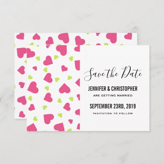 Cute Pink and Green Hearts Pattern Wedding Save The Date (Voorkant / Achterkant)
