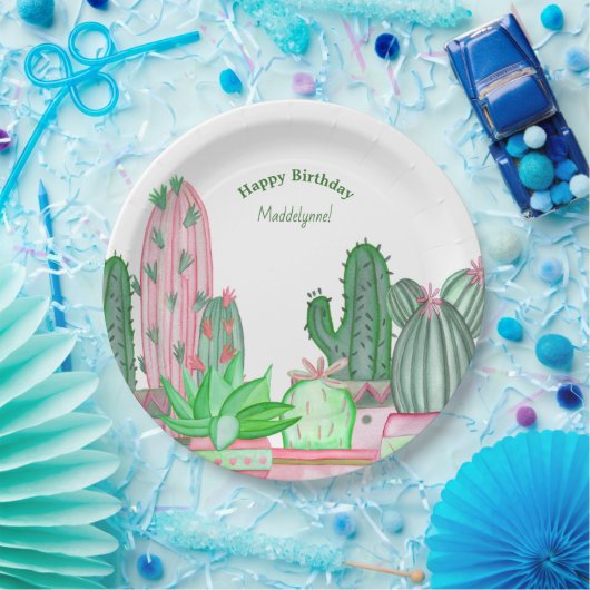 Cute Pink and Green Waterverf Cactus Birthday Pap Papieren Bordje (Feest)