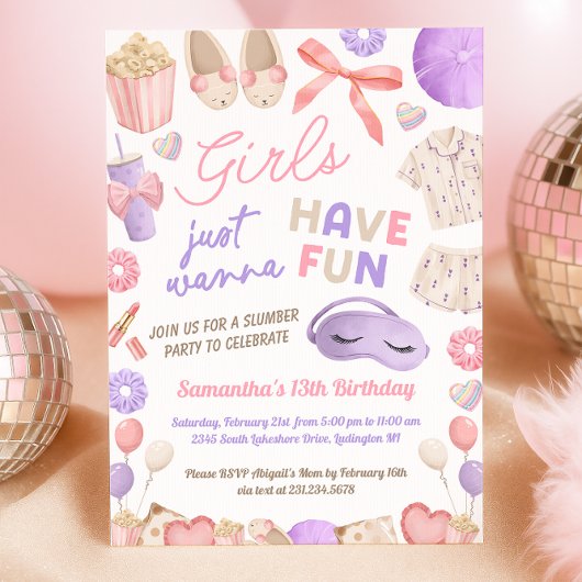 Cute Pink and Purple Slumber Party Birthday Kaart