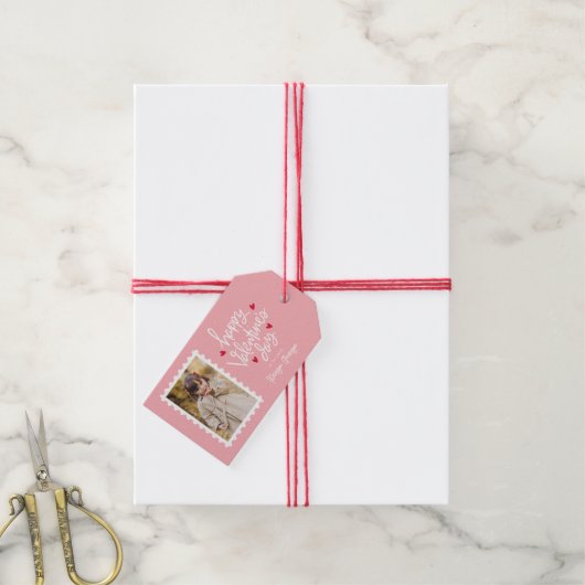 Cute Pink and Red Hearts Photo Valentijnsdag Cadeaulabel (Met Touw)