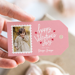 Cute Pink and Red Hearts Photo Valentijnsdag Cadeaulabel