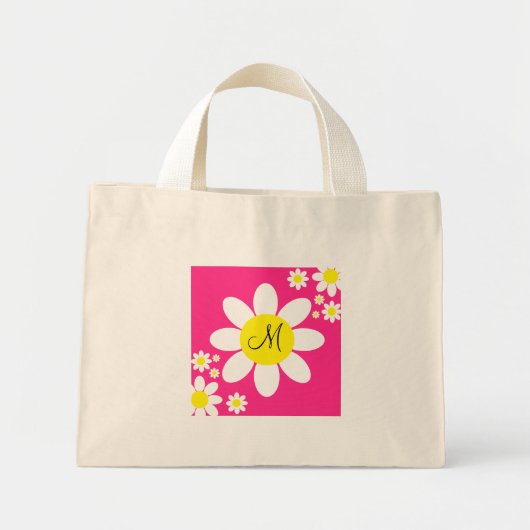 Cute Pink and White Daisies Floral Single Initiaal Mini Tote Bag (Voorkant)