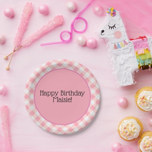 Cute Pink and White Gingham Birthday Party Papieren Bordje (Feest)