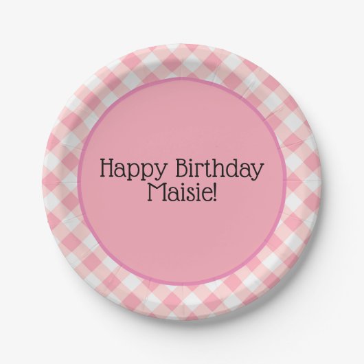 Cute Pink and White Gingham Birthday Party Papieren Bordje (Voorkant)