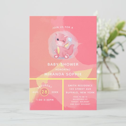 Cute Pink and Yellow Dinosaur Girl Baby shower Kaart (Staand voorkant)
