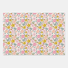 Cute Pink and Yellow Floral Pattern Inpakpapier Vel