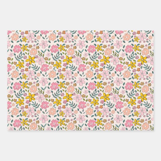 Cute Pink and Yellow Floral Pattern Inpakpapier Vel (Voorkant)