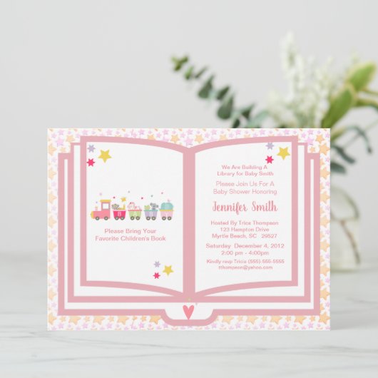 Cute Pink Animal Train Book Theme Baby shower Kaart (Staand voorkant)