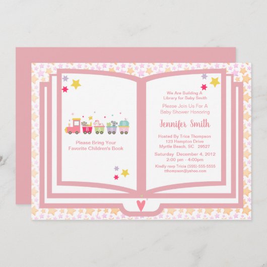 Cute Pink Animal Train Book Theme Baby shower Kaart (Voorkant / Achterkant)