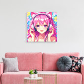 Cute Pink Anime Girl with Headphones Canvas Afdruk (Insitu (Woonkamer))