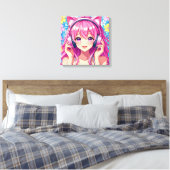 Cute Pink Anime Girl with Headphones Canvas Afdruk (Insitu (Slaapkamer))