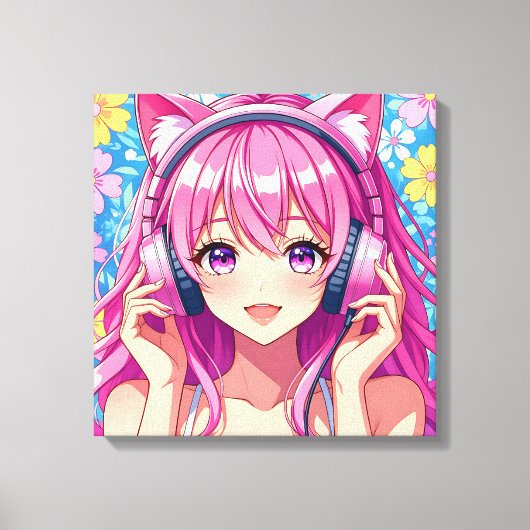 Cute Pink Anime Girl with Headphones Canvas Afdruk (Voorkant)