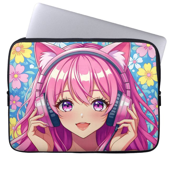 Cute Pink Anime Girl with Headphones Laptop Sleeve (Voorkant)