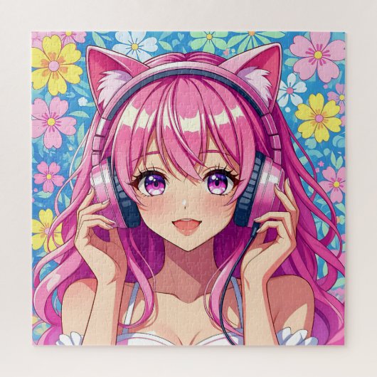 Cute Pink Anime Girl with Headphones Legpuzzel (Verticaal)