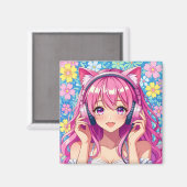 Cute Pink Anime Girl with Headphones Magneet (Voorkant / Achterkant)