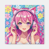 Cute Pink Anime Girl with Headphones Magneet (Voorkant)
