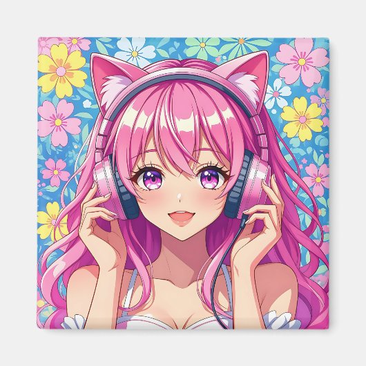 Cute Pink Anime Girl with Headphones Magneet (Voorkant)